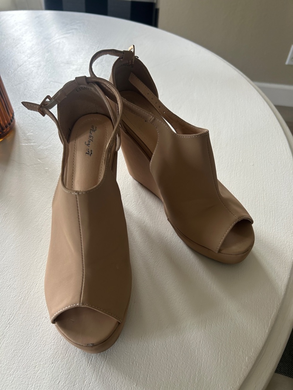 Peep-Toe Wedge Sandals in Tan - Unbranded